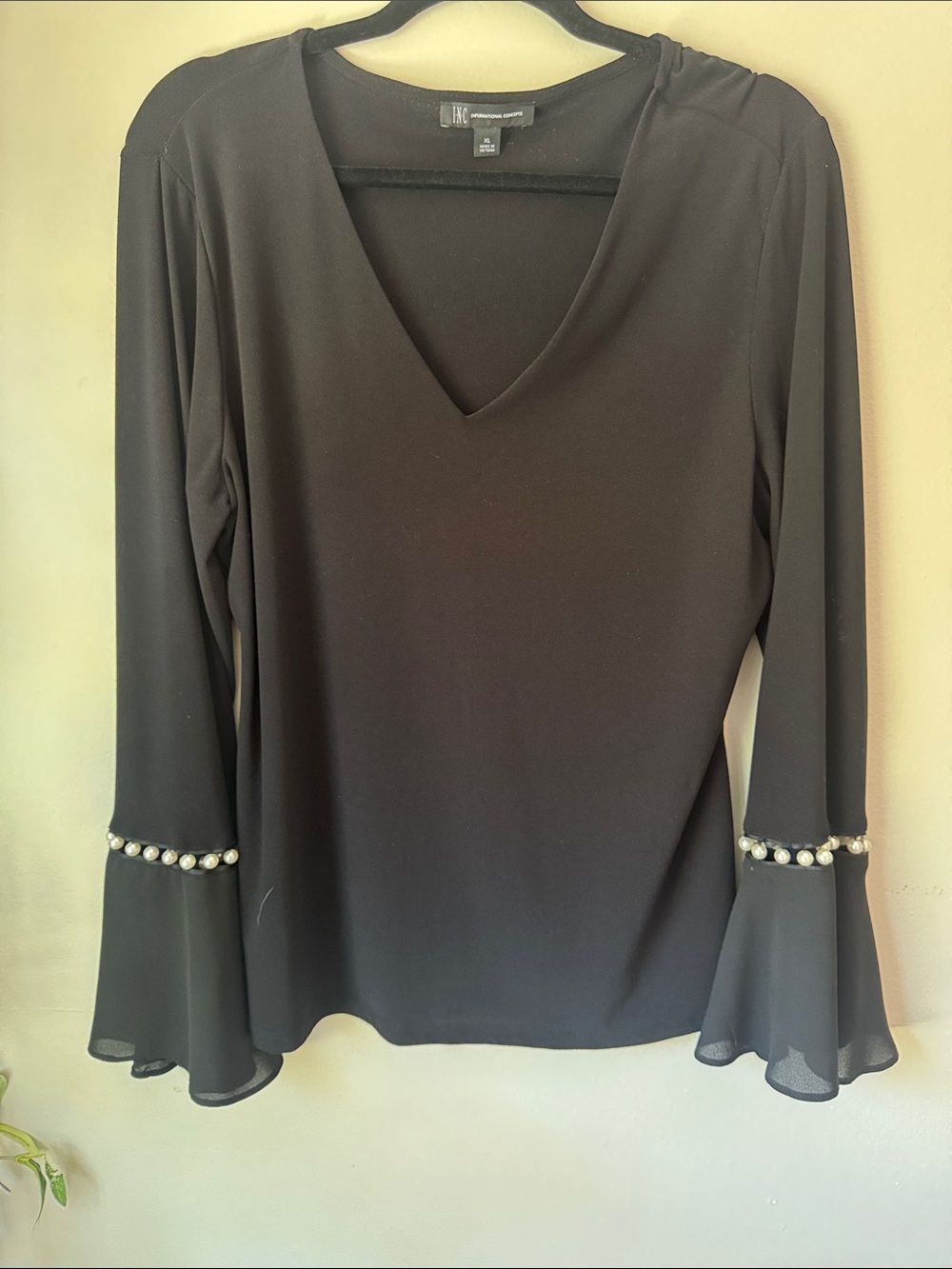 INC International Concepts Black V-Neck Blouse with Pearl-Trim Flounced Sleeves